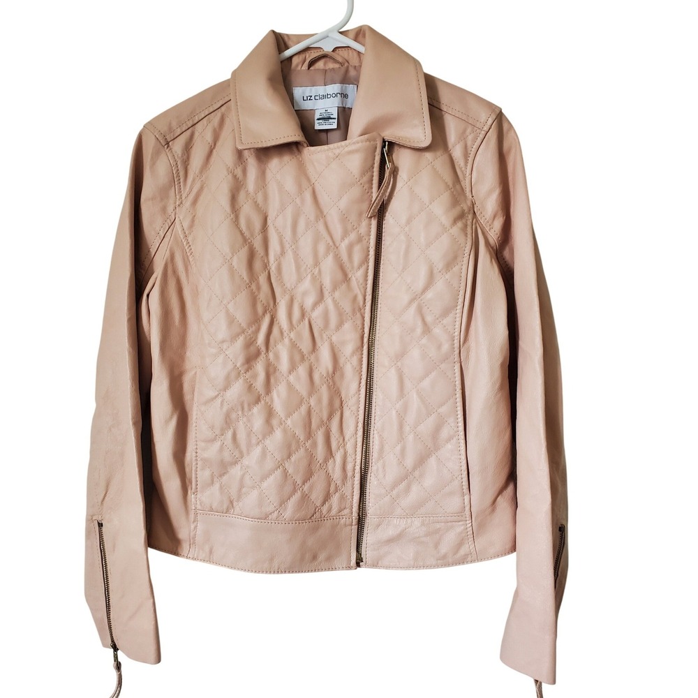 Liz Claiborne Womens Medium Genuine Leather Quilted Moto Jacket Beige Cropped